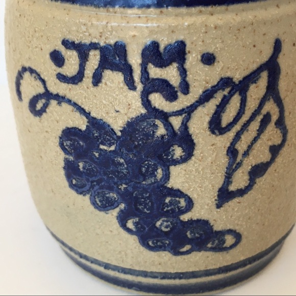 Salt Glazed Jam Jar Cobalt Blue stripes Beige Lid pottery Spoon Grapes vintage - Picture 10 of 15
